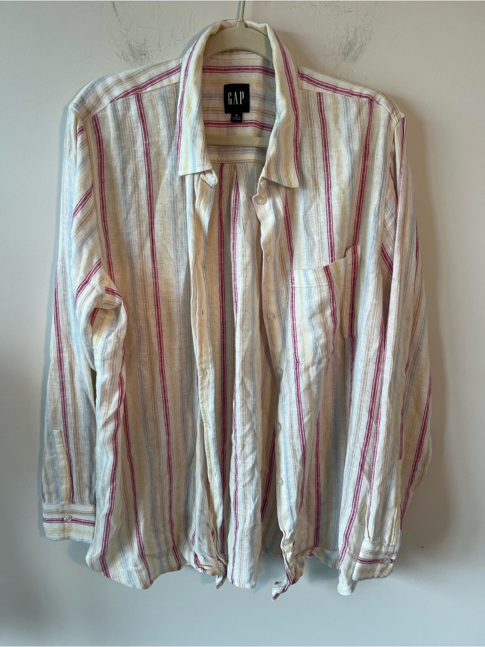 GAP Striped Linen Button-Up Shirt in pink, blue and yellow stripes oversized